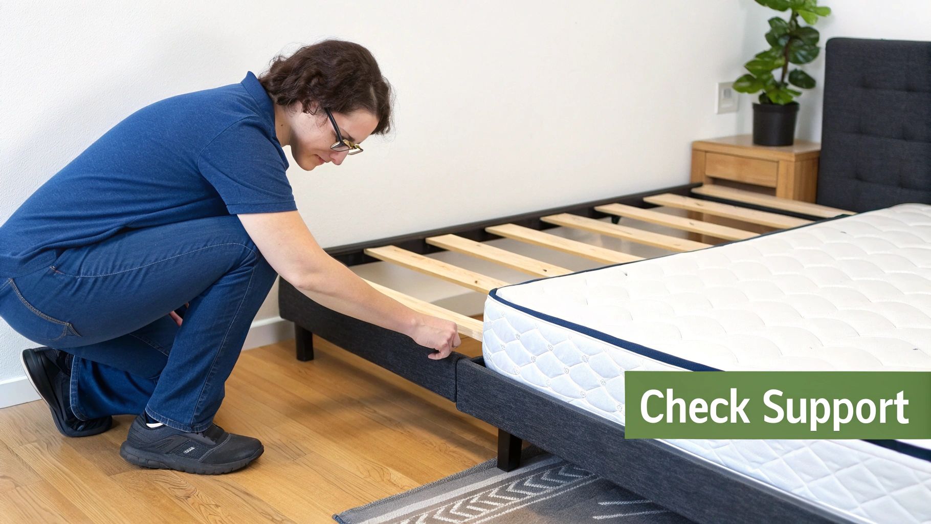 A person checks the wooden slats of a bed frame, preparing it for mattress support.