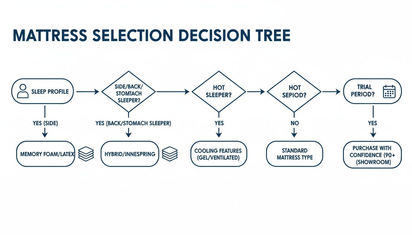 A mattress selection decision tree flowchart visually guides users through choosing the right mattress.