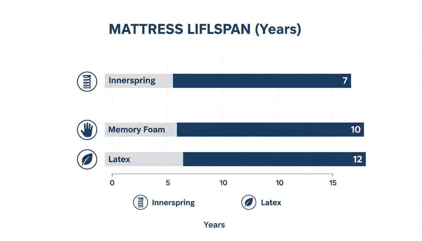 Bar chart displaying the average lifespan of mattresses: Innerspring (7 years), Memory Foam (10 years), Latex (12 years).