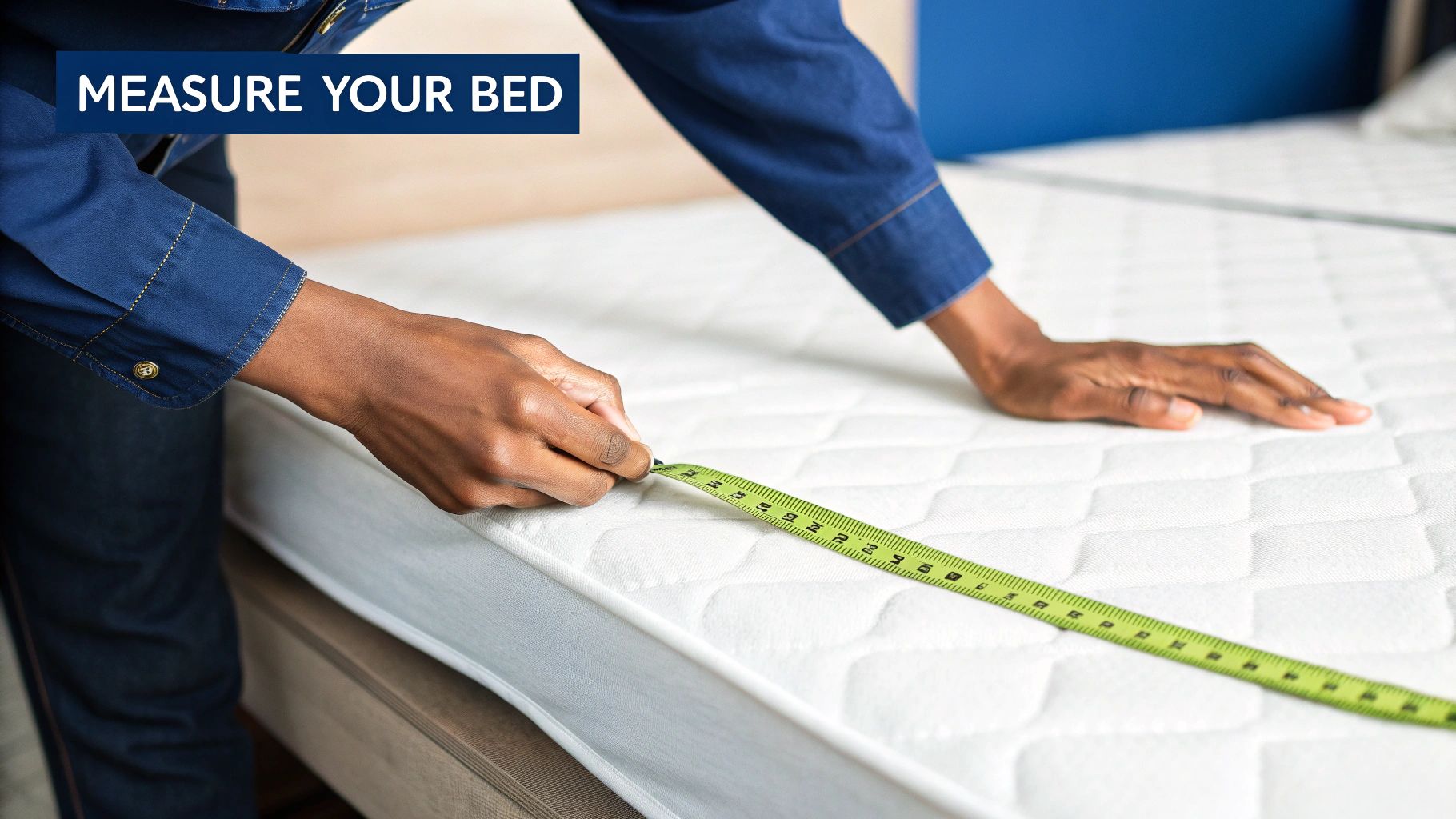 A person in a blue shirt measures a white mattress with a green tape, with 'MEASURE YOUR BED' text.