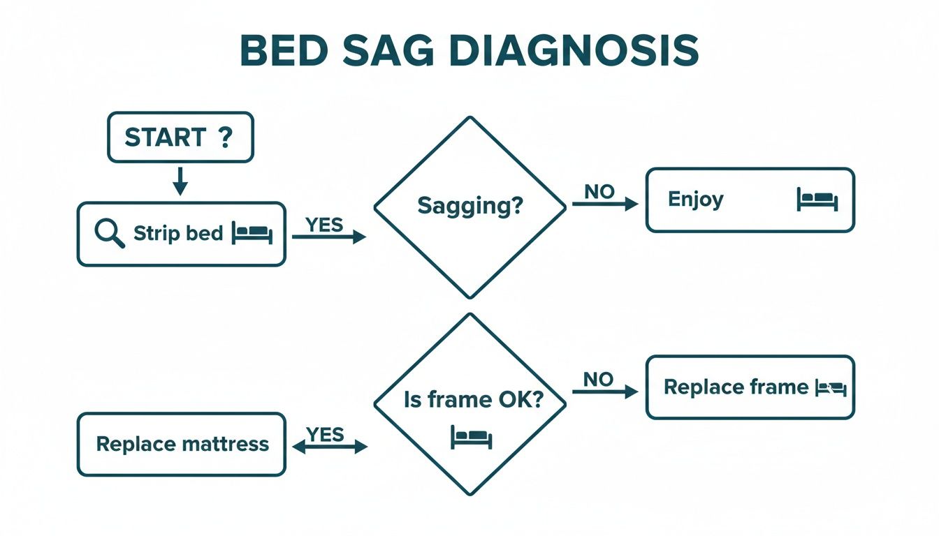 Flowchart for bed sag diagnosis: strip bed, check for sagging, inspect frame, replace mattress or frame.