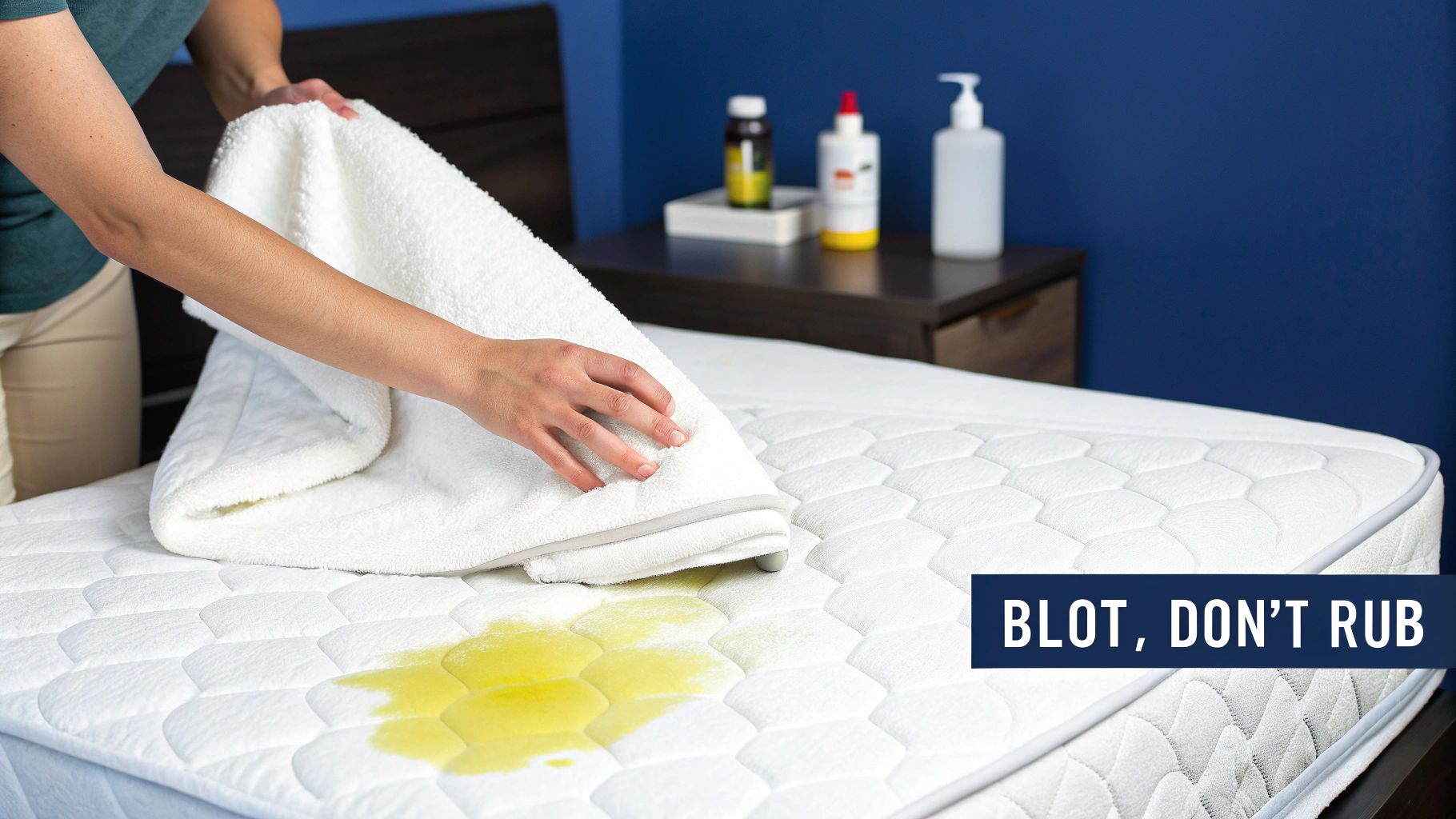 A person uses a white towel to blot a yellow urine stain on a quilted white mattress.