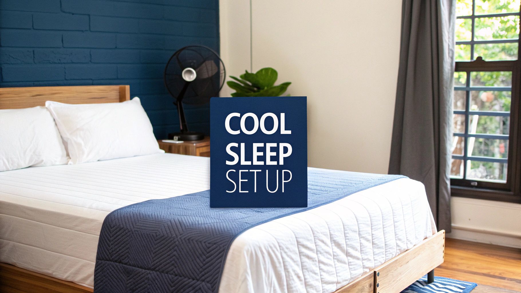 A bedroom features a bed with white bedding, a blue blanket, a fan, and a sign reading 'COOL SLEEP SET UP'.