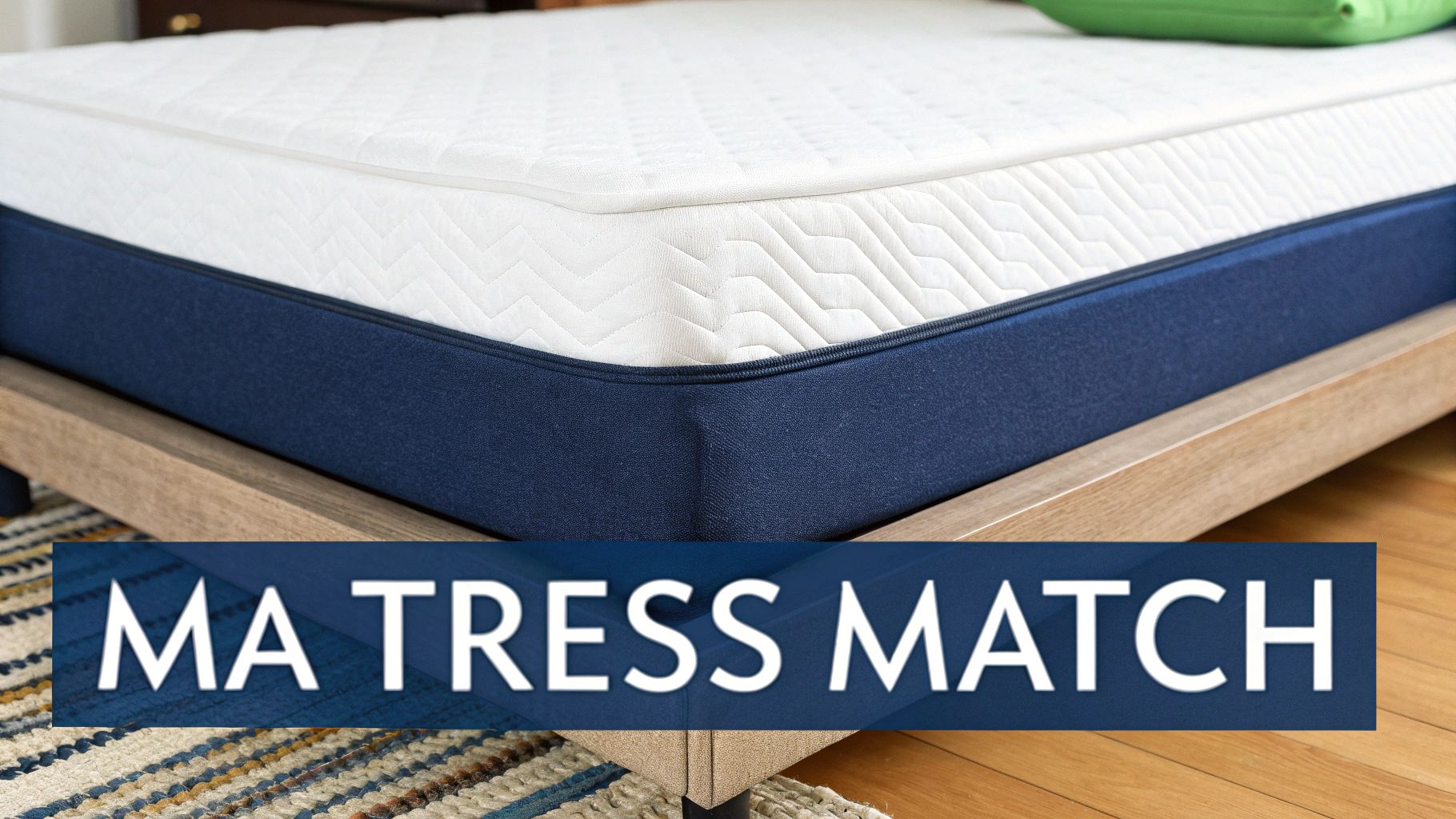 Close-up of a white mattress with a blue base on a wooden bed frame, with 'MATTRESS MATCH' text.
