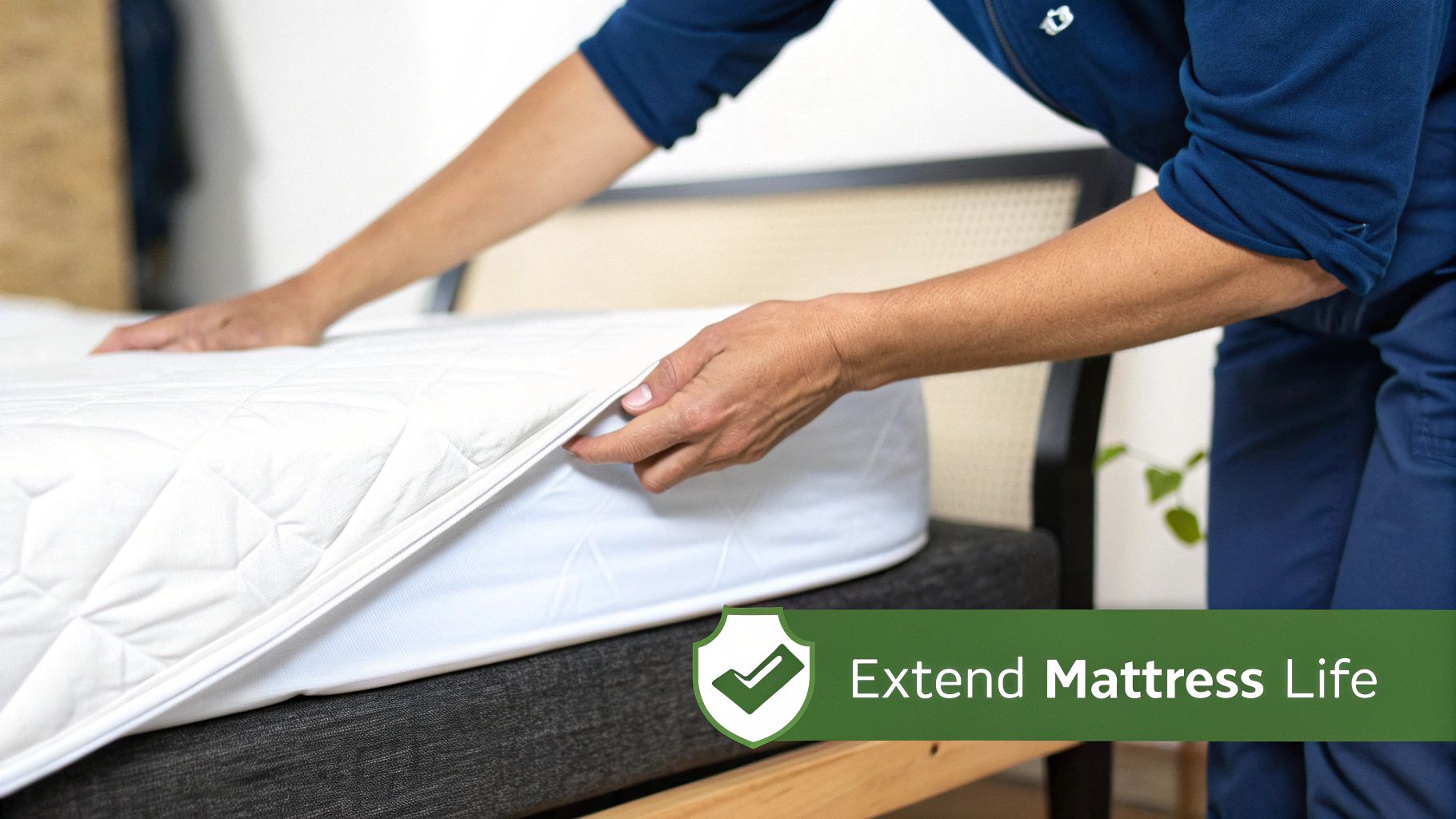 A person applies a quilted white mattress protector onto a bed, helping to extend its life.