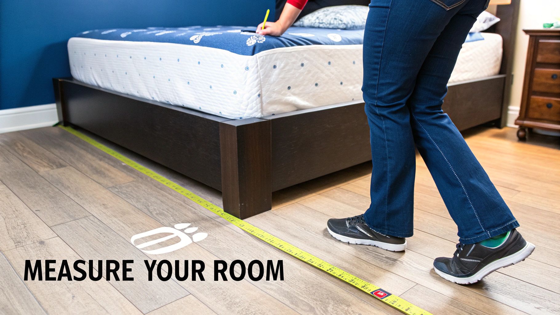 Person measuring bedroom floor with tape measure to determine proper bed and mattress dimensions