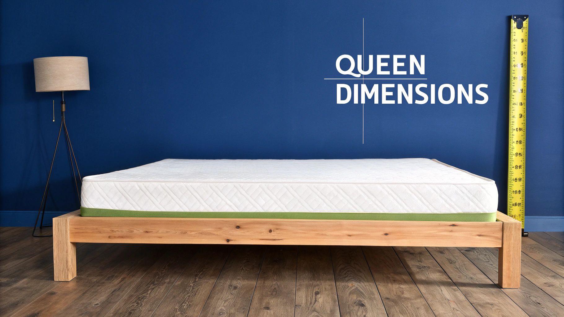 A queen-size mattress on a wooden bed frame, with a measuring tape and 'QUEEN DIMENSIONS' text.