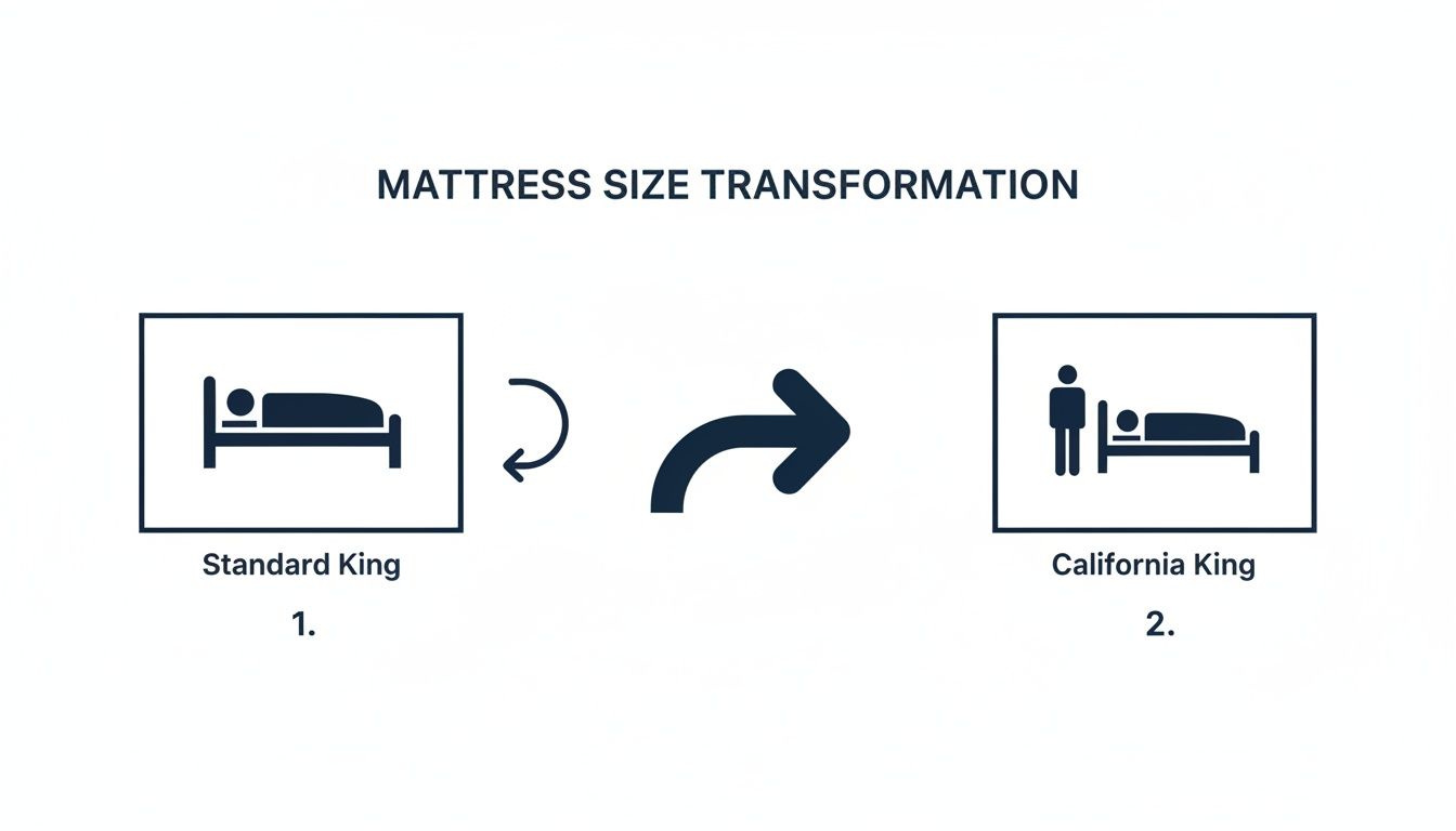 An illustration showing the transformation from a Standard King to a California King mattress size, with icons of beds and people.
