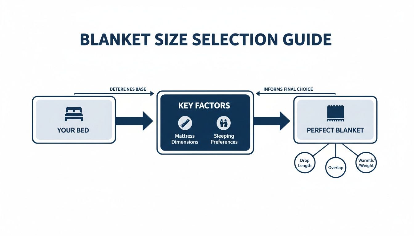 Flowchart guide for selecting the perfect blanket size based on bed, mattress dimensions, and sleeping preferences.