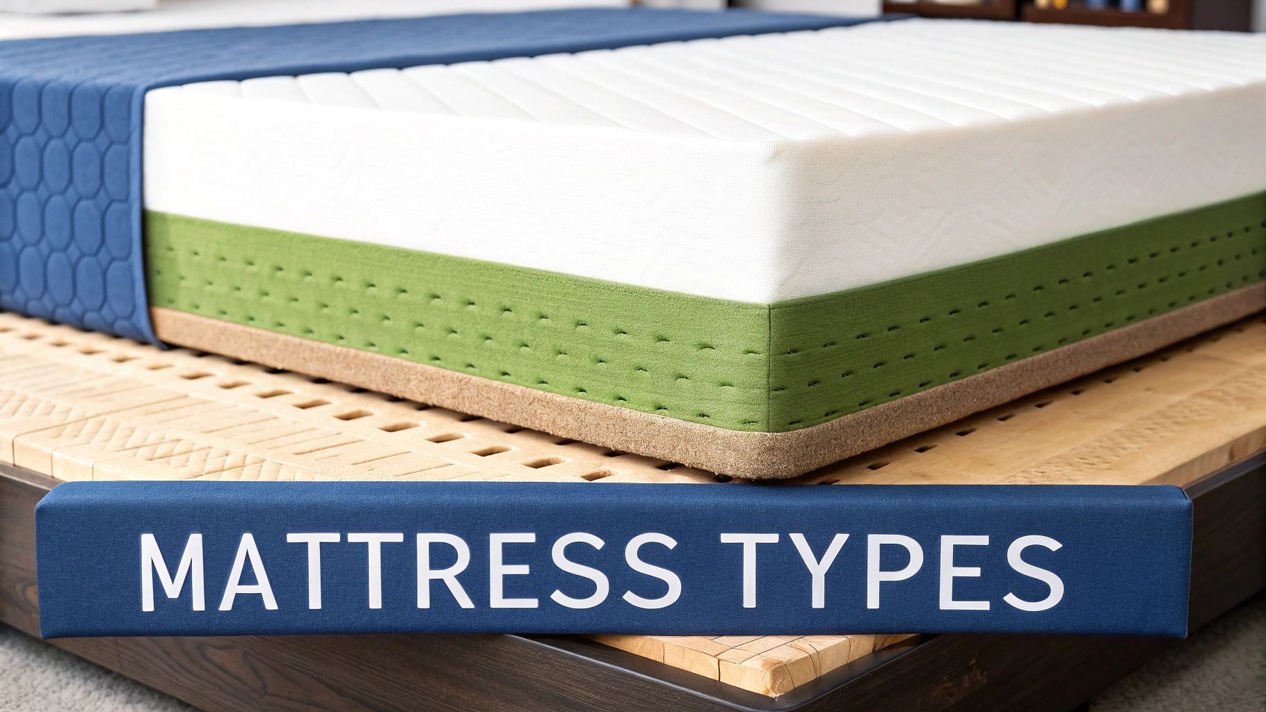 A detailed view of a mattress showing its distinct layers on a wooden base, with 'MATTRESS TYPES' text.