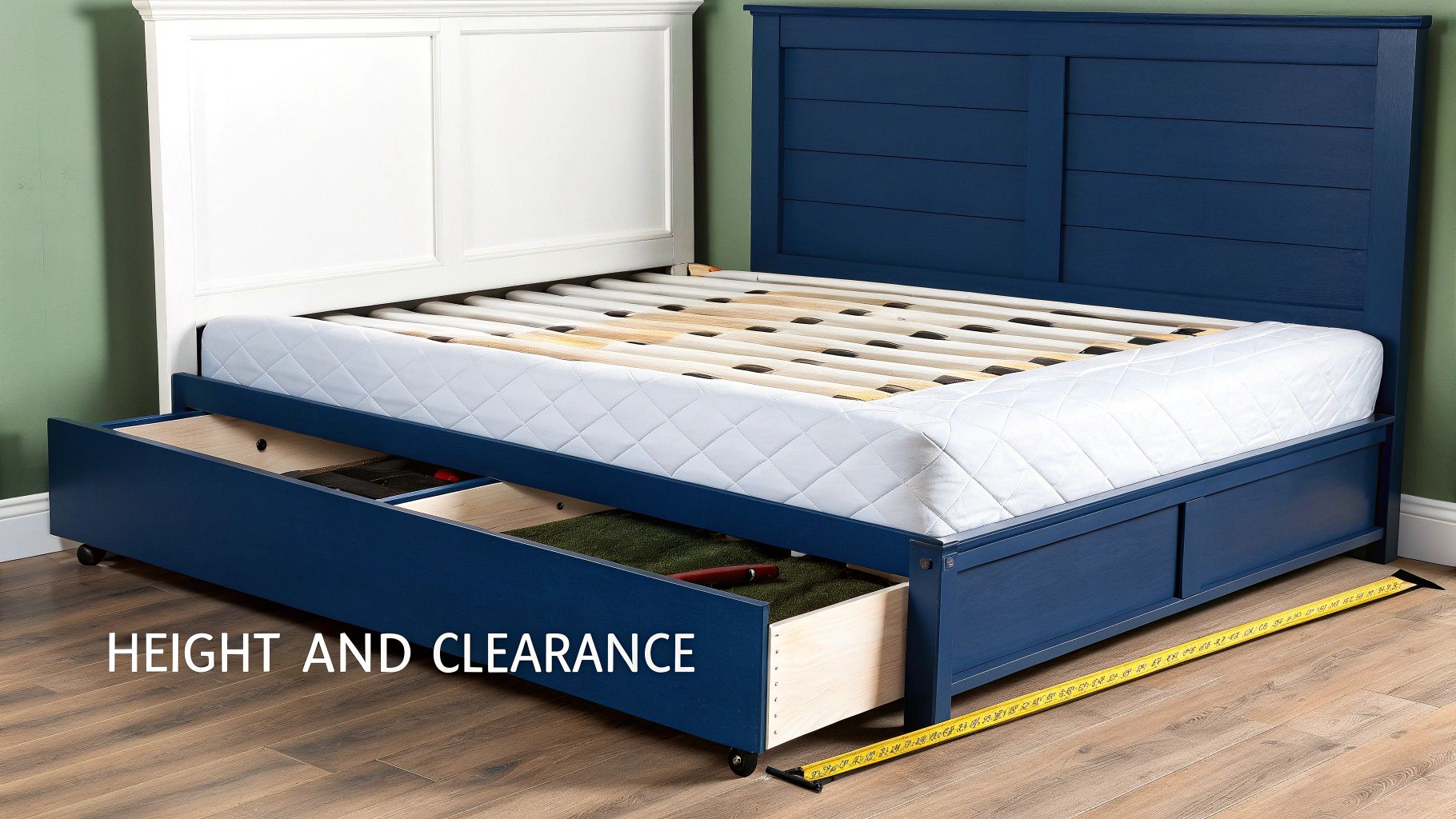 A blue bed frame with a white headboard, storage drawers, mattress, and a measuring tape on the floor.