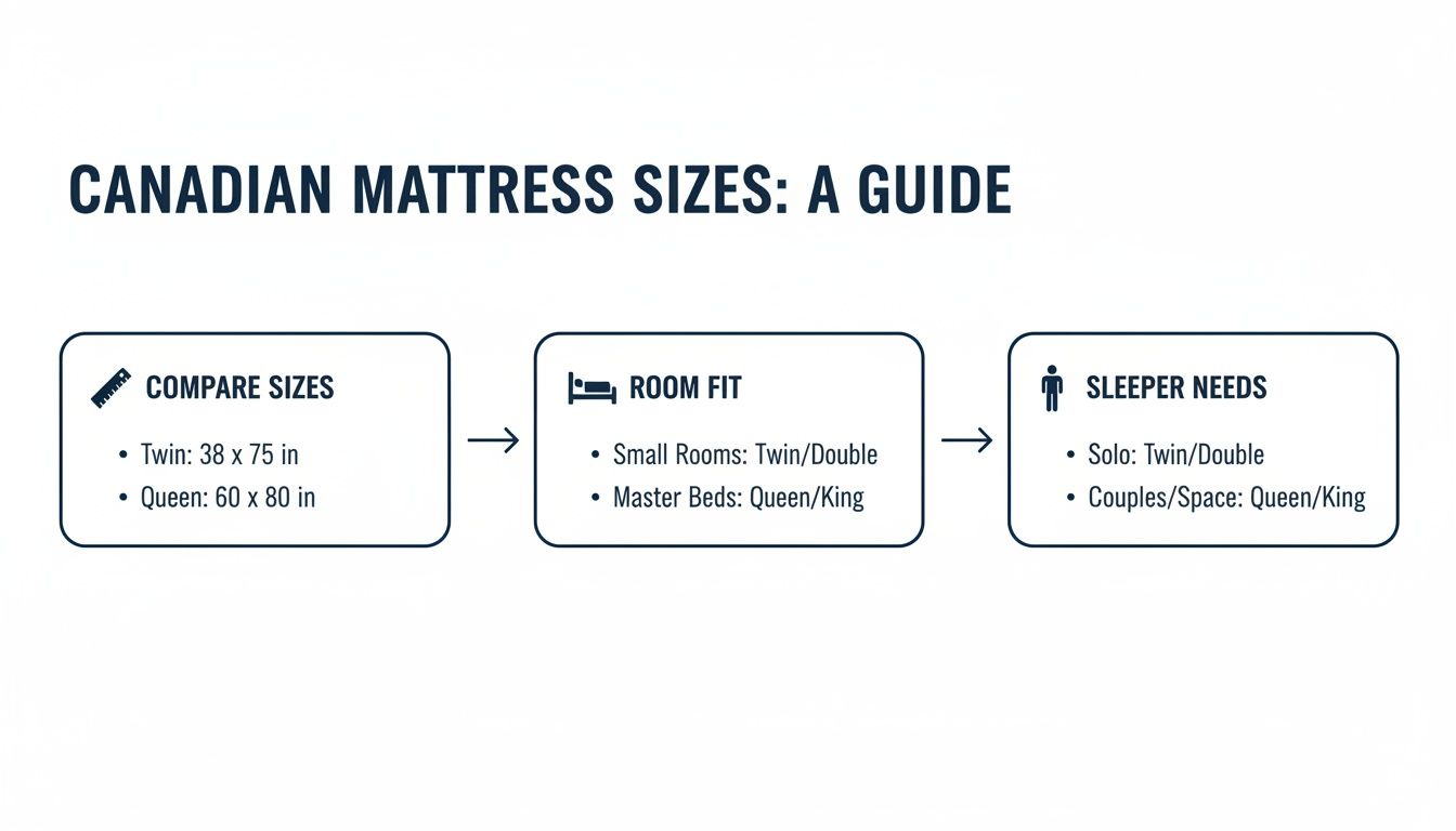A Canadian mattress size guide outlining dimensions for Twin and Queen, room fit, and sleeper needs.