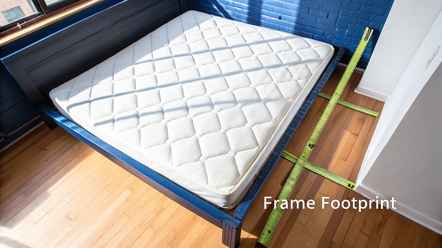 Queen size bed frame with mattress and measuring tool showing frame footprint dimensions