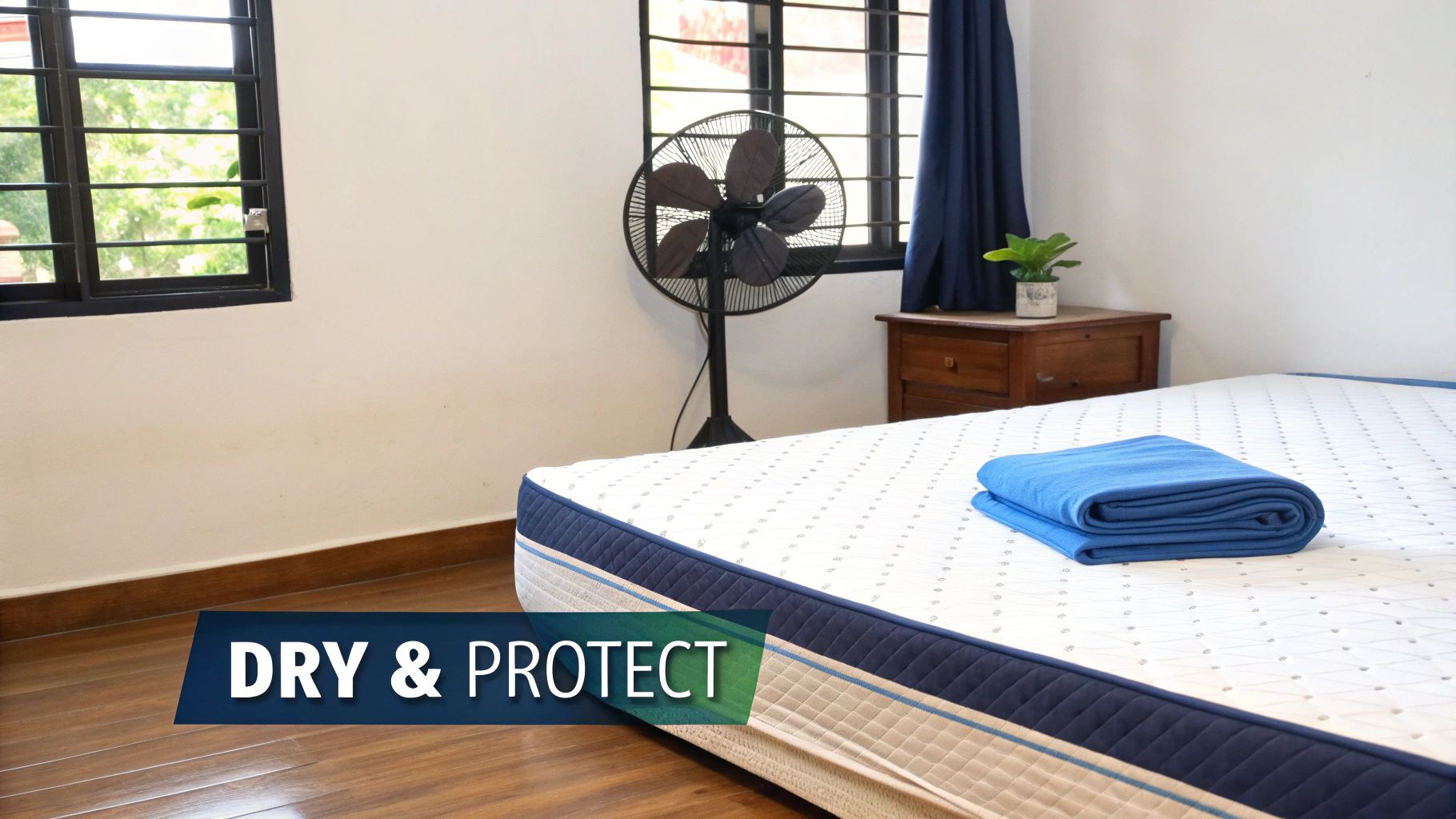 A clean white mattress with a folded blue blanket in a bedroom featuring a fan and window.