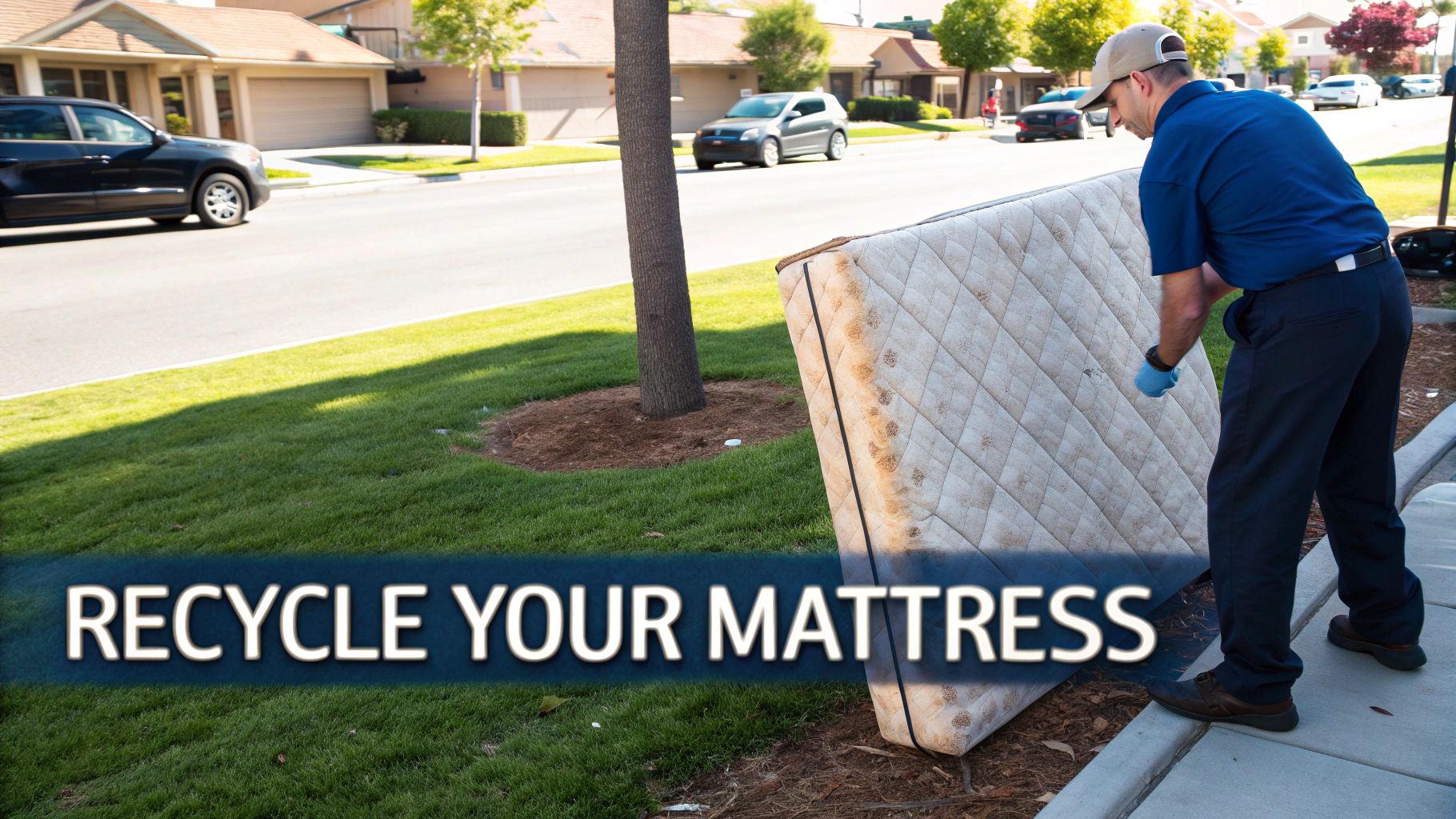 A man in a blue shirt and cap, wearing gloves, is moving a used mattress on a sunny street.