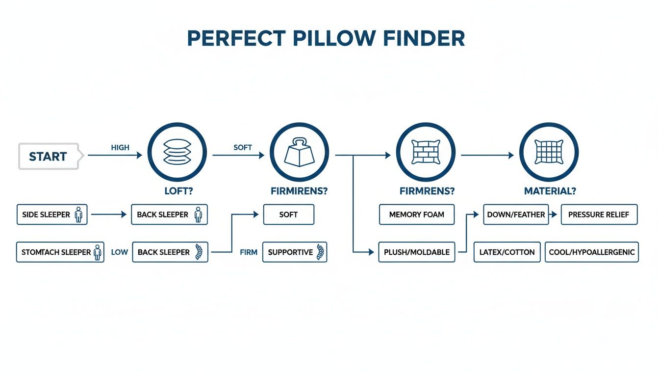 Flowchart for finding the perfect pillow, guiding users through choices based on sleeping position, loft, firmness, and material.