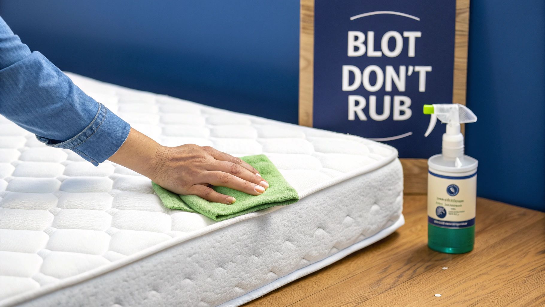 A person's hand gently cleaning a white mattress with a green cloth and cleaning spray bottle.