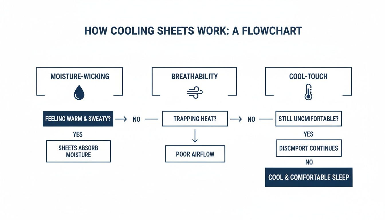 Flowchart illustrating how cooling sheets work, detailing moisture-wicking, breathability, and cool-touch benefits for comfortable sleep.