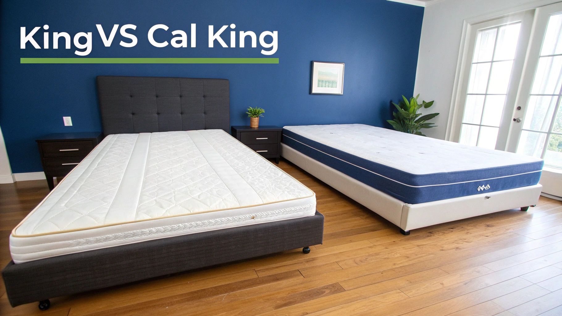 Two mattresses, one King and one California King, comparing sizes in a stylish bedroom.