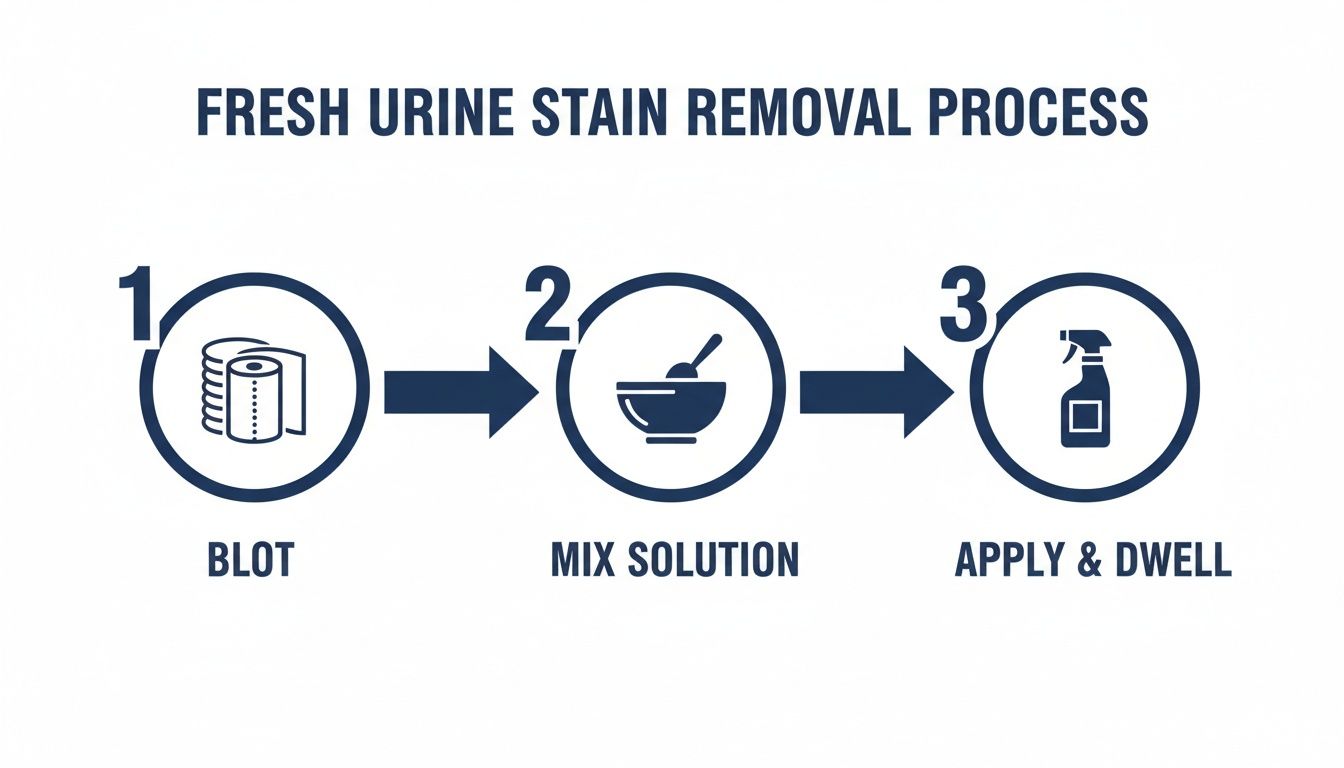 Diagram showing a three-step process for fresh urine stain removal: blot, mix solution, and apply & dwell.