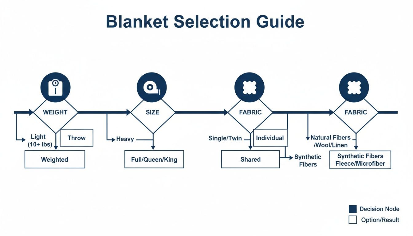 A comprehensive flowchart detailing blanket selection based on weight, size, and fiber material.