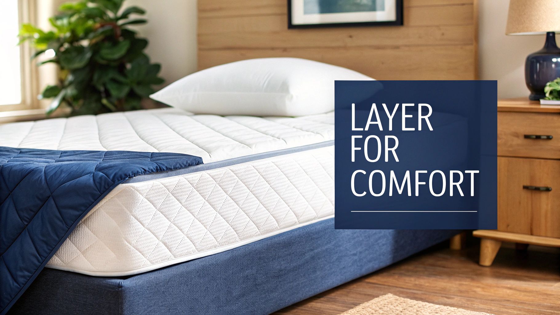 A comfortable bed featuring a mattress, a white mattress pad, and a blue quilted blanket.