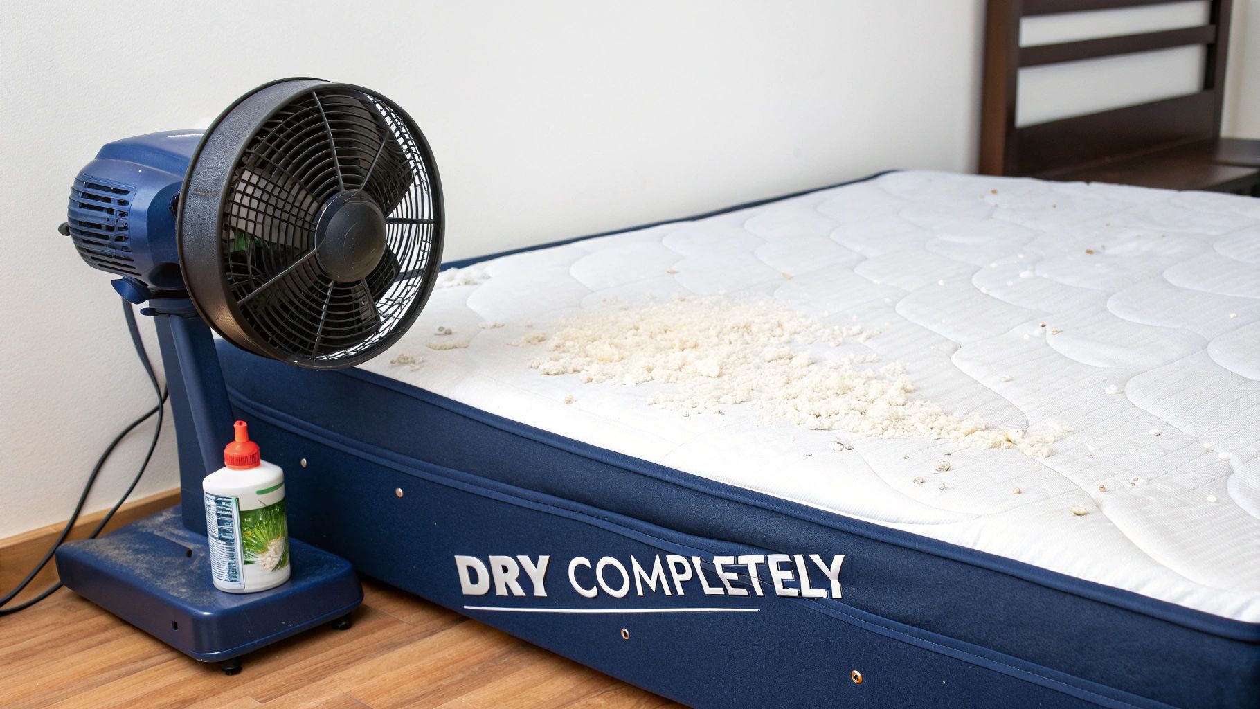 A blue fan blows air onto a white mattress with cleaning powder, emphasizing the need to 'DRY COMPLETELY'.