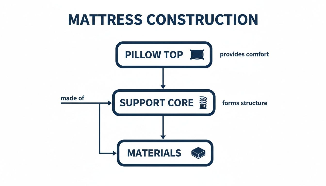 A flowchart illustrates mattress construction, detailing pillow top, support core, and materials.