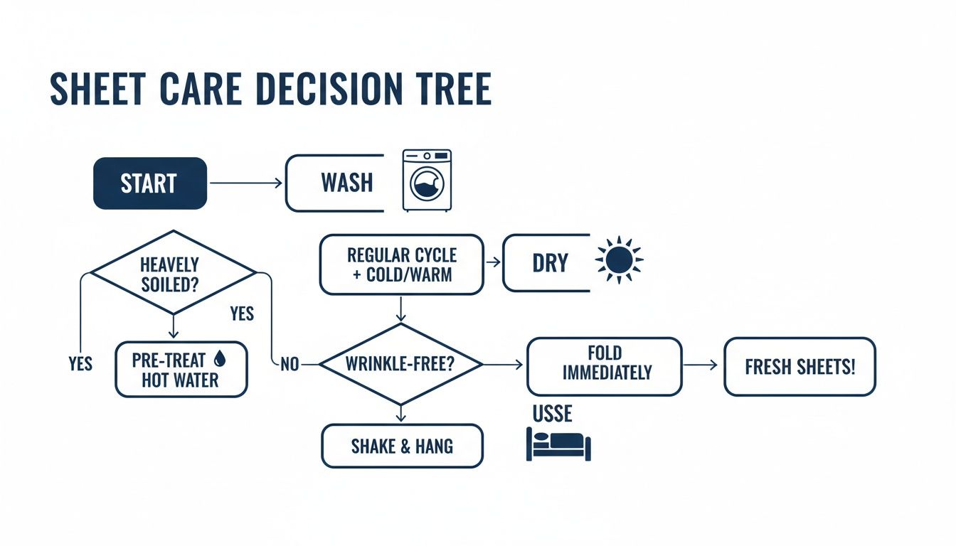 Flowchart illustrating a sheet care decision tree, guiding users through washing, drying, and folding steps for fresh sheets.