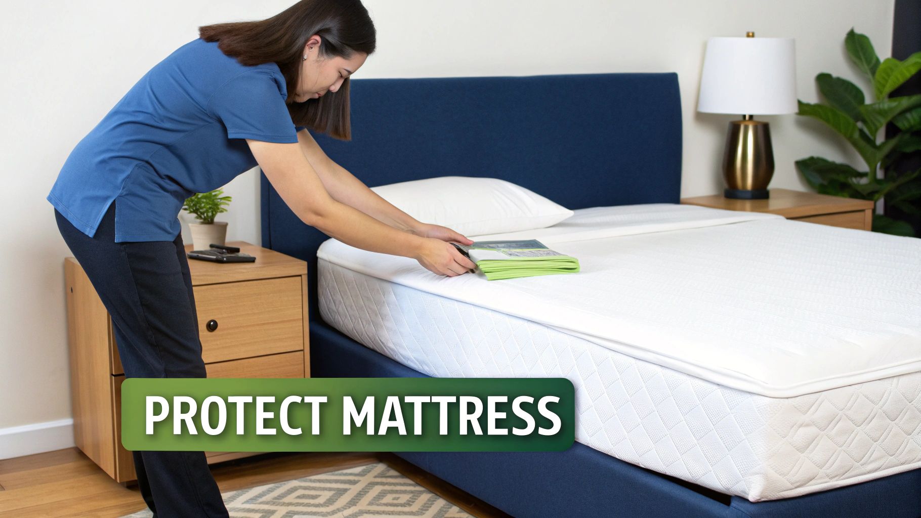 A woman places green bedding or cover on a white mattress in a bedroom.