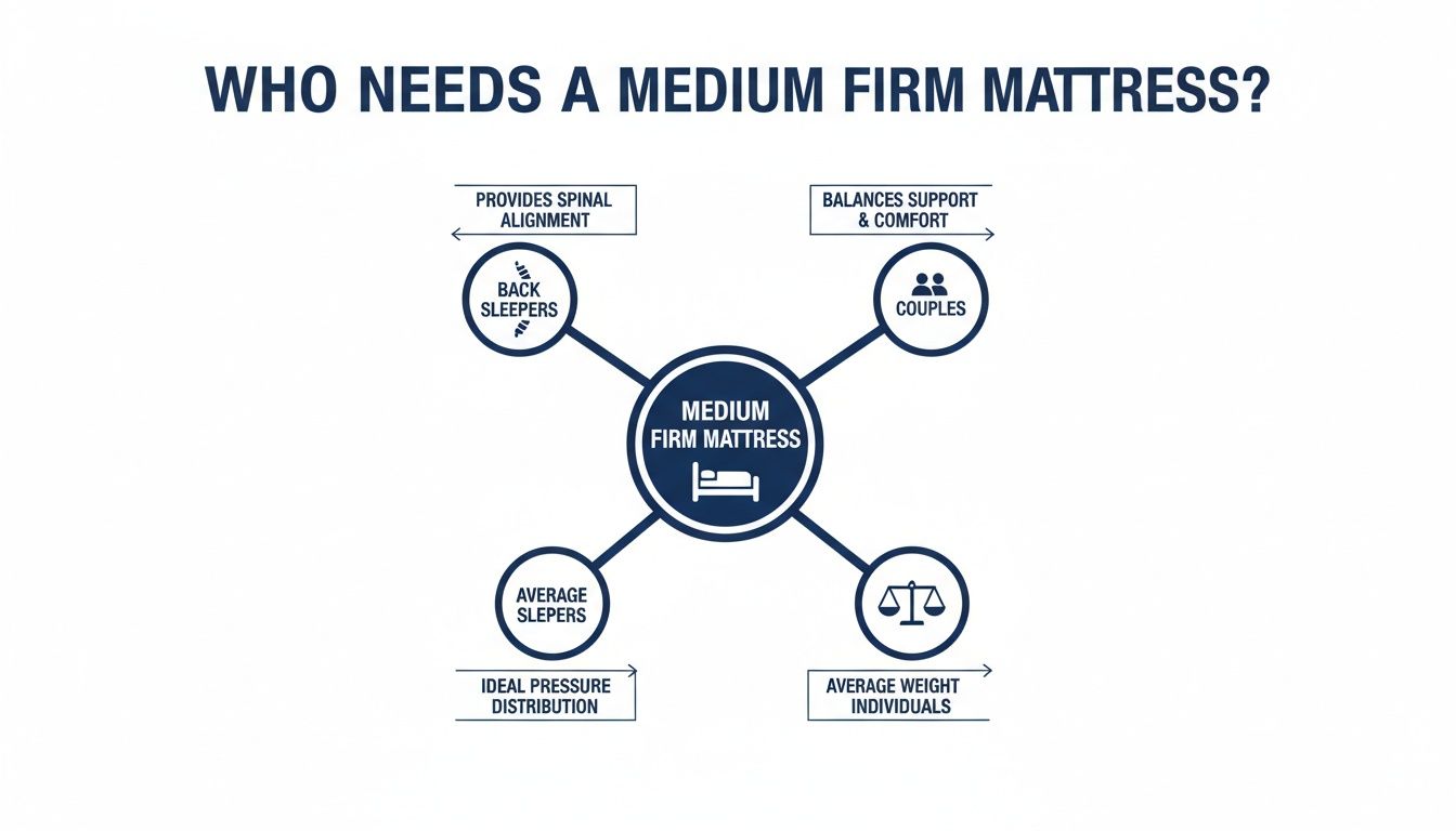 Diagram detailing who needs a medium firm mattress, including back sleepers, couples, average sleepers, and average weight individuals.