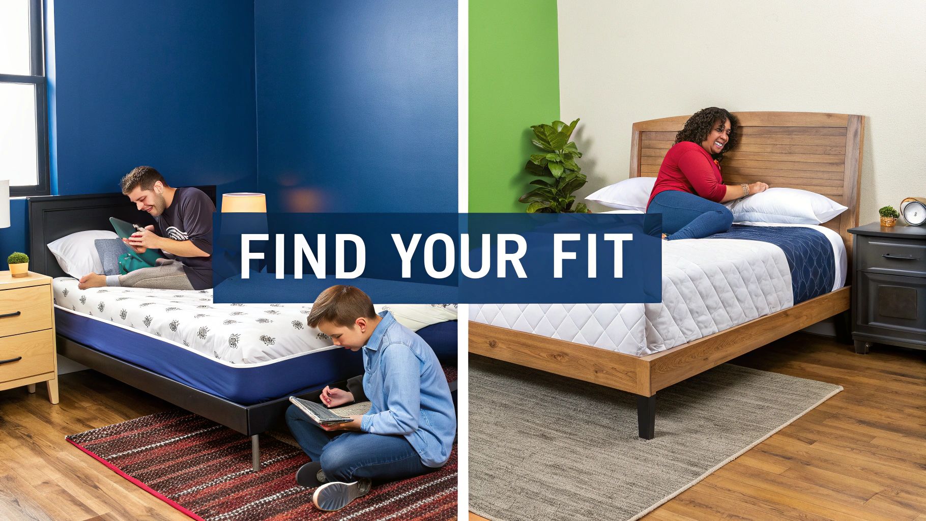 Two distinct bedroom scenes with people relaxing on different bed types, highlighting various bed styles.