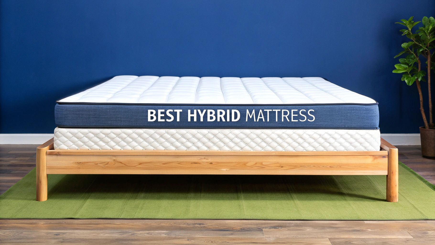 A white and blue hybrid mattress with 'BEST HYBRID MATTRESS' on it, placed on a wooden bed frame, on a green rug.