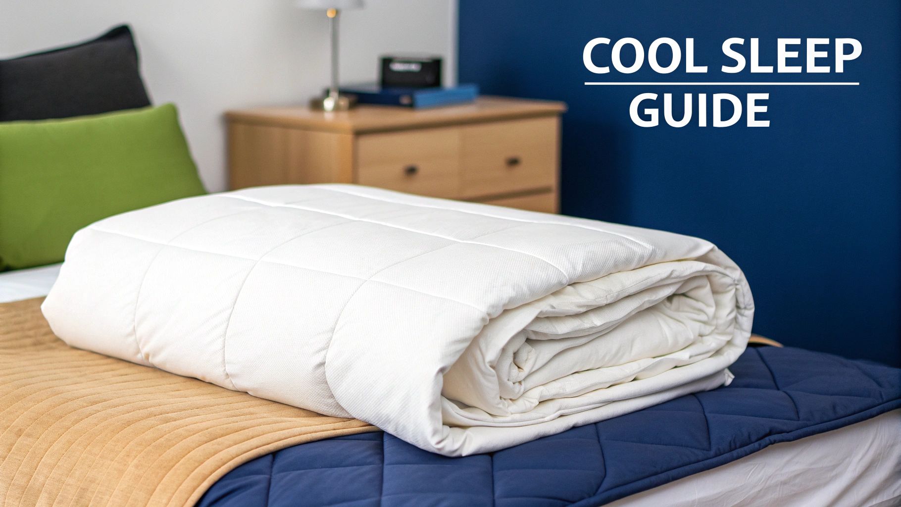 A neatly folded white cooling duvet on a bed with a blue mattress pad and colorful pillows.