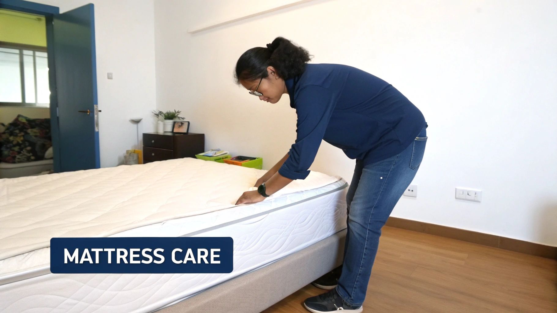 A person in a blue shirt adjusts a white quilted mattress pad on a bed, demonstrating mattress care.