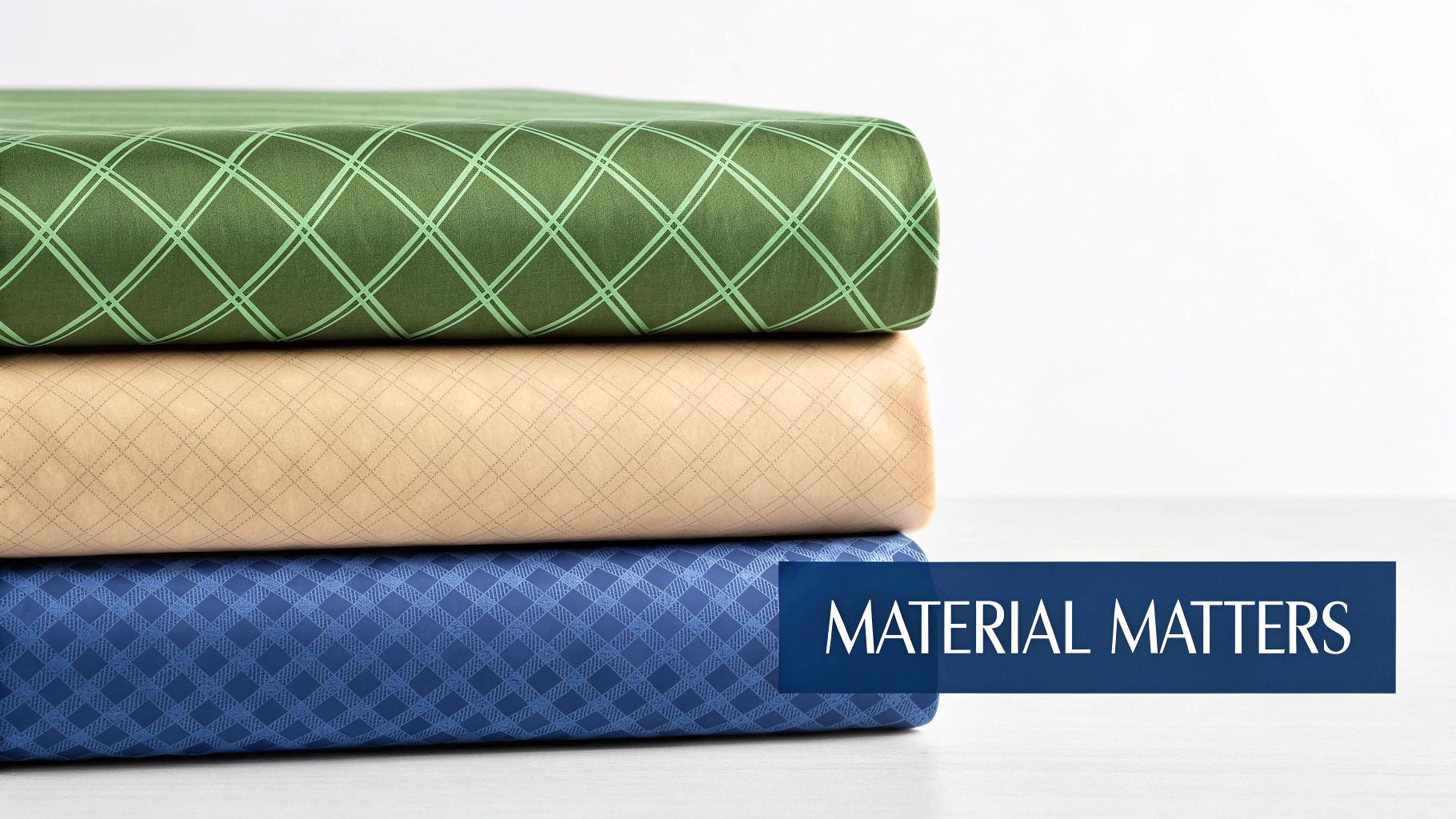 A stack of three neatly folded fabrics: green with double lines, beige with dots, and blue with a textured diamond pattern.