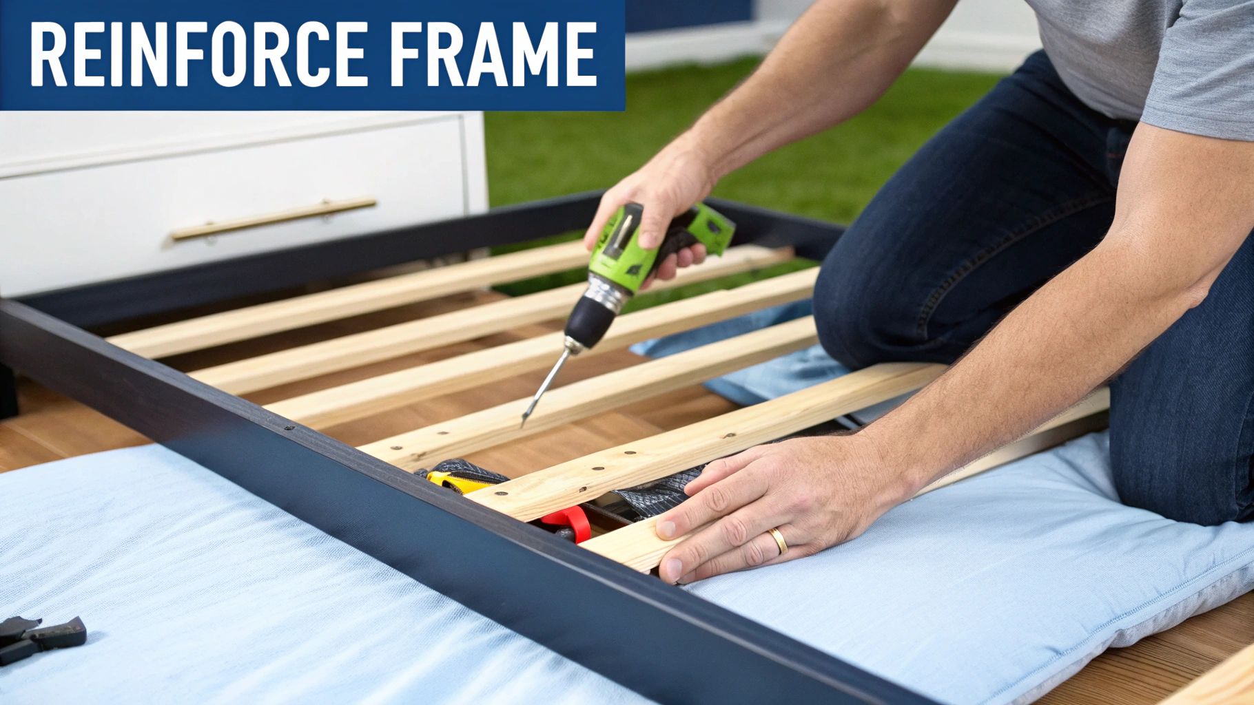 A person uses a power drill to secure wooden slats, reinforcing a dark bed frame.