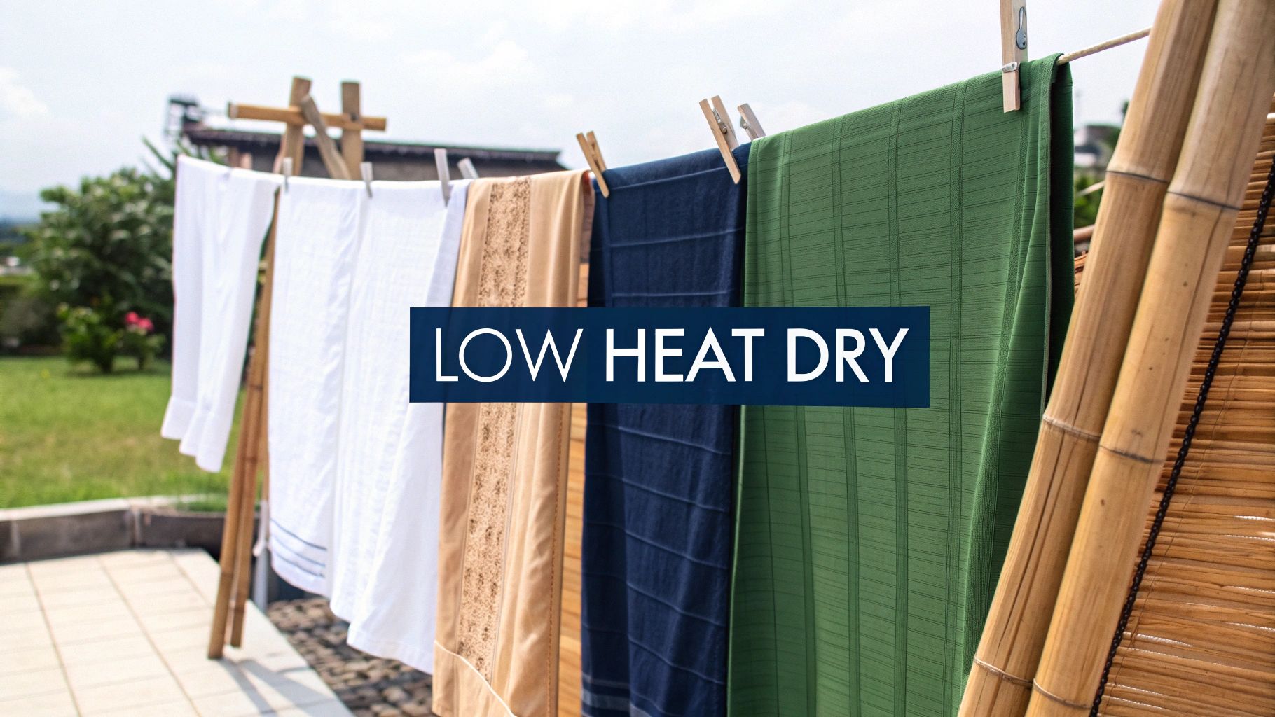 Colorful bamboo sheets and fabrics drying on an outdoor clothesline under a bright sky with 'LOW HEAT DRY' text.