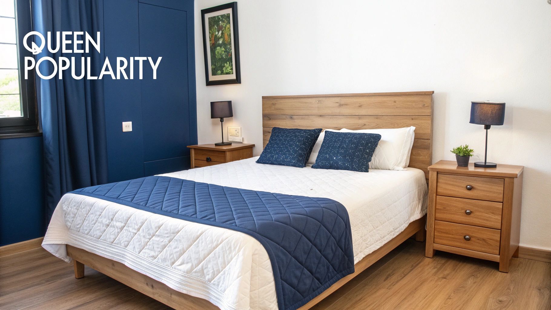A modern bedroom with a queen-size bed, white quilt, blue runner, wooden headboard, and two nightstands.