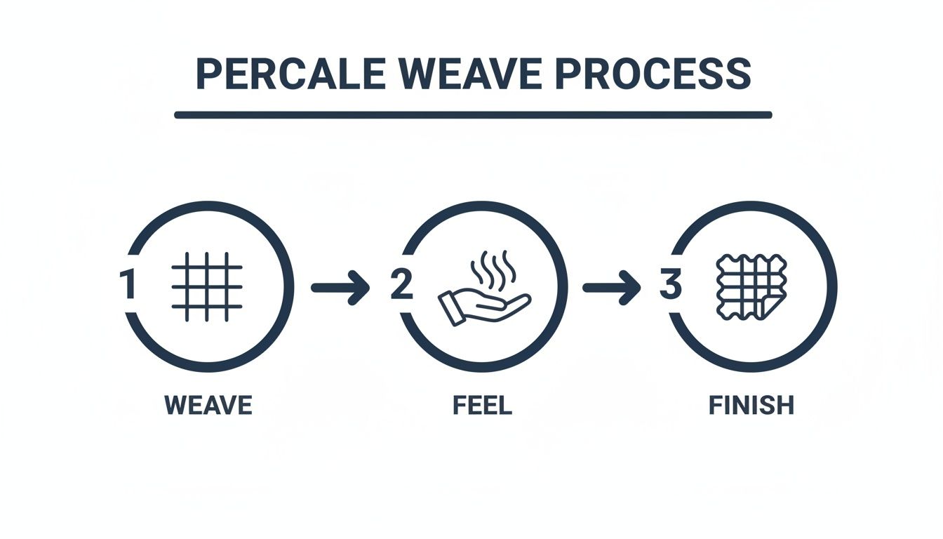 Infographic showing the three-step percale weave process: weave, feel, and finish.