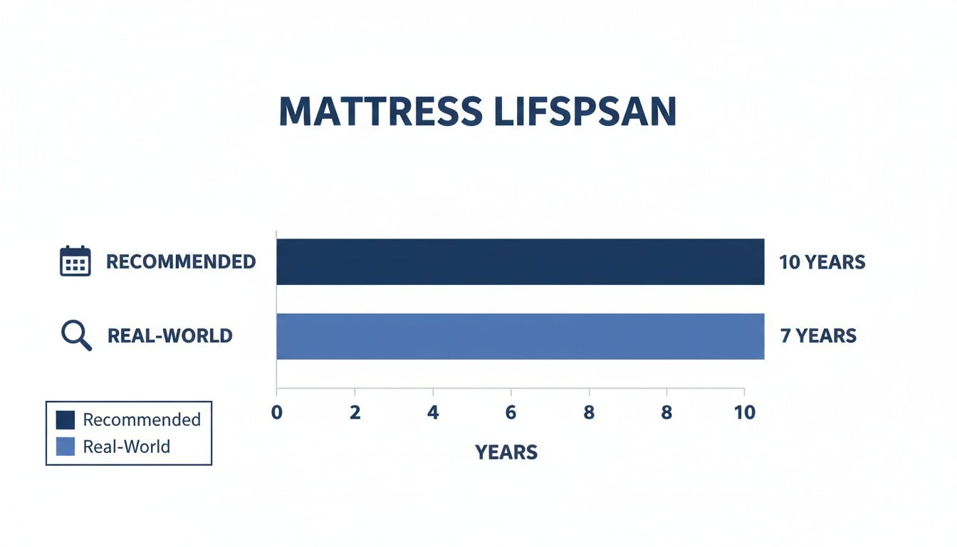 Bar chart displaying recommended versus real-world mattress lifespan in years.