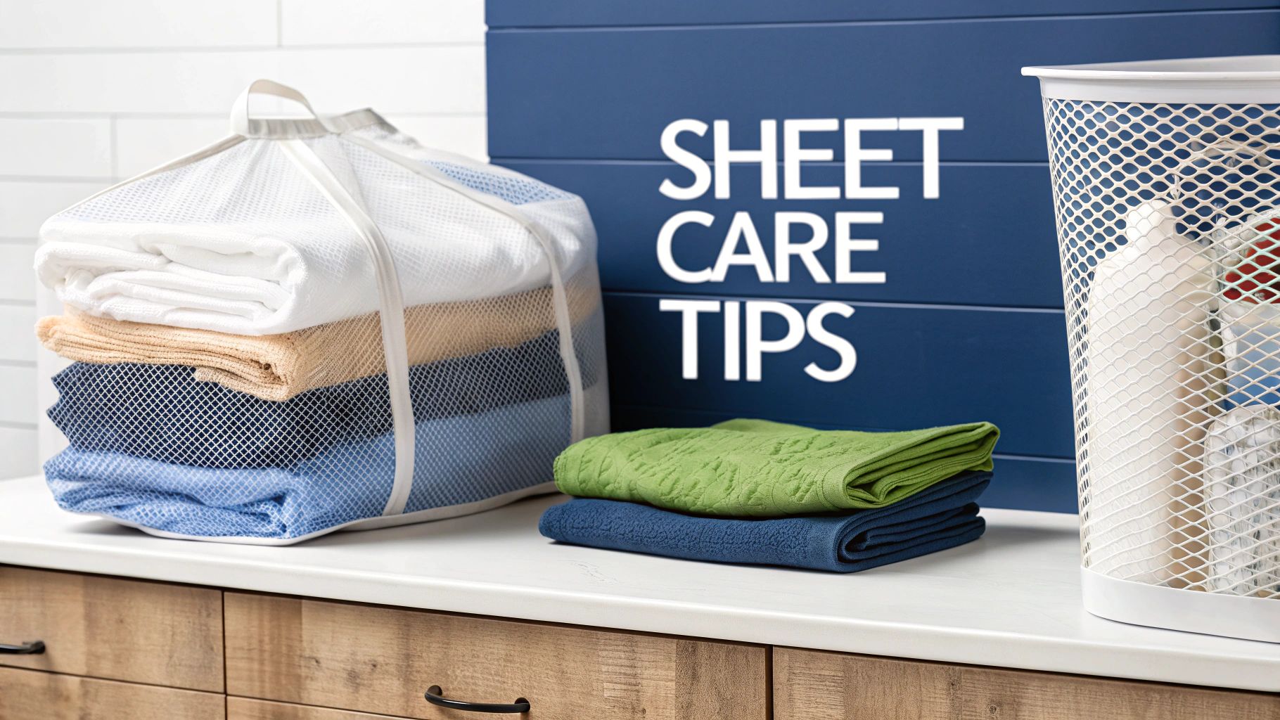 Neatly folded sheets and towels in various colors with a 'SHEET CARE TIPS' sign.
