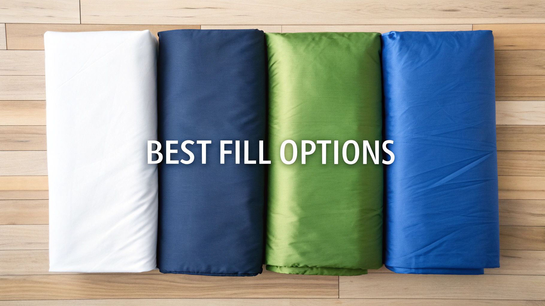 Four rolled fabric items in white, dark blue, green, and blue on a wooden floor, with 'BEST FILL OPTIONS' text.
