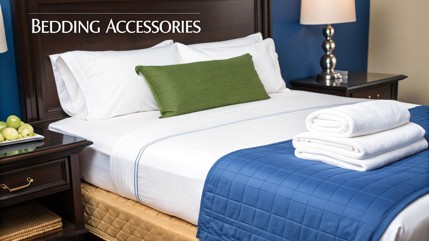 A neatly made hotel bed with white sheets, green pillow, blue blanket, and towels.