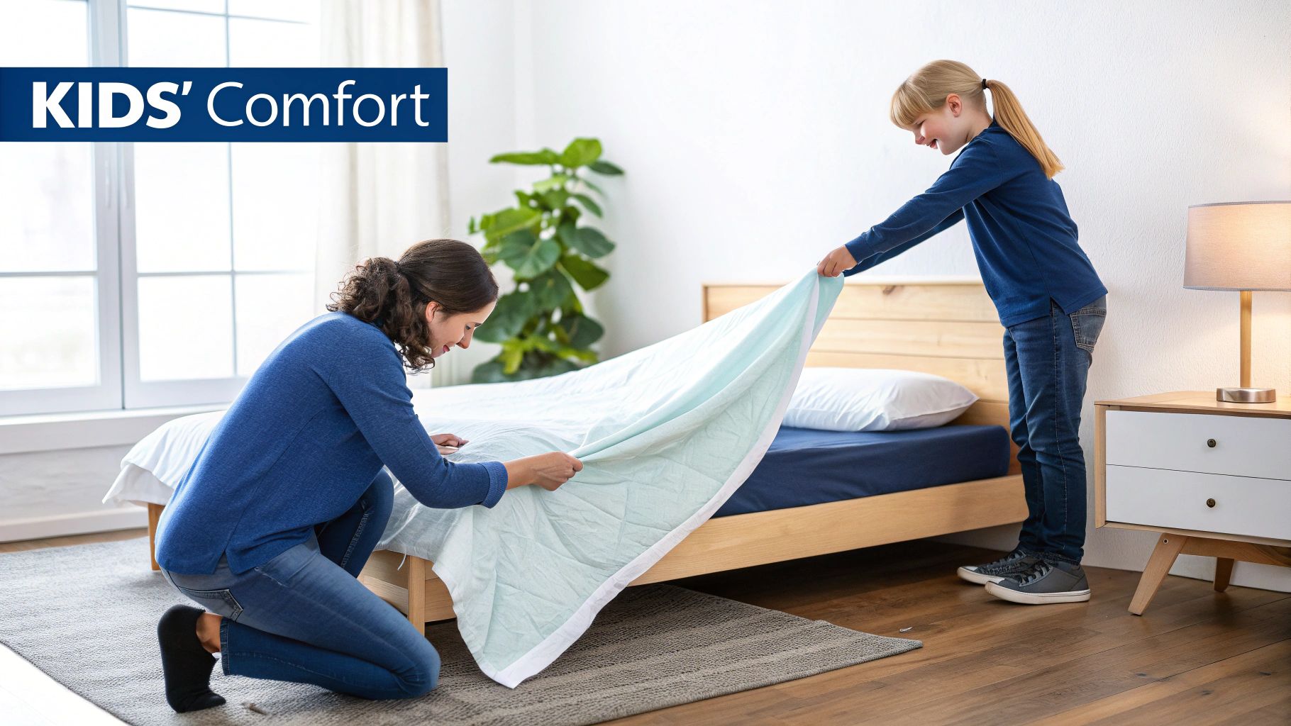A woman and a young girl making a bed with a light blue kids' comfort blanket.