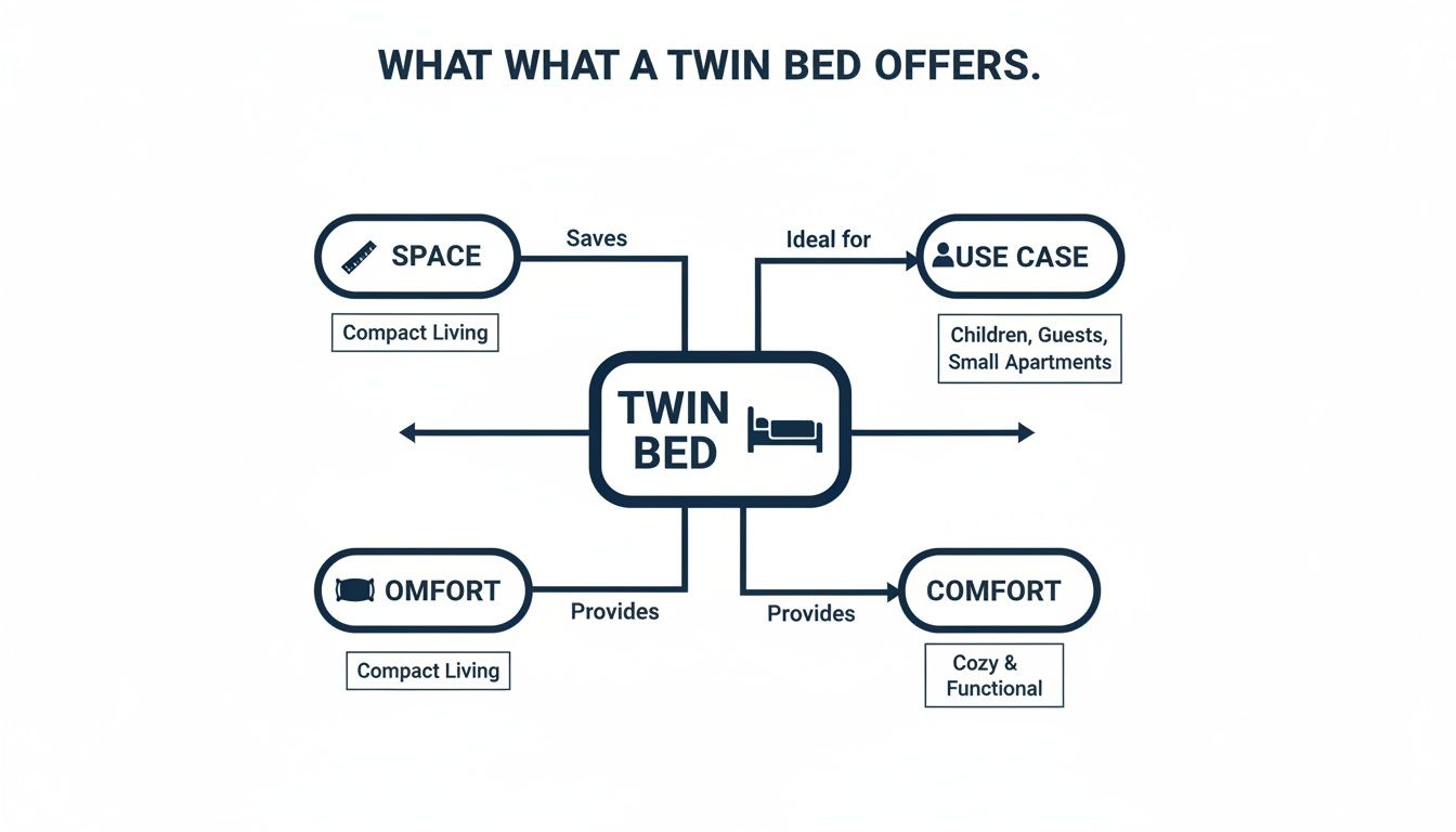 Mind map illustrating the benefits of a twin bed, including space-saving for compact living, ideal use cases, and comfort.
