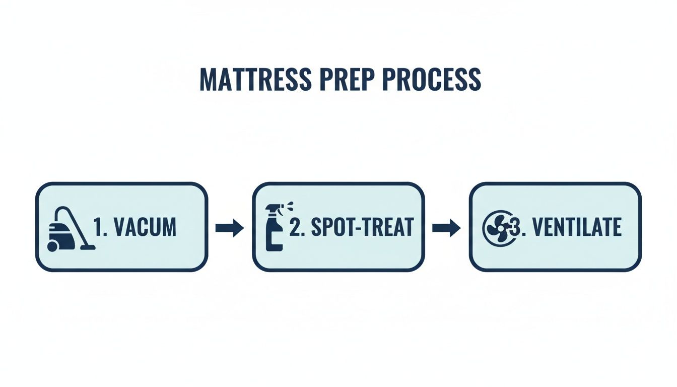 A three-step mattress preparation process: vacuuming, spot-treating, and ventilating, with icons.
