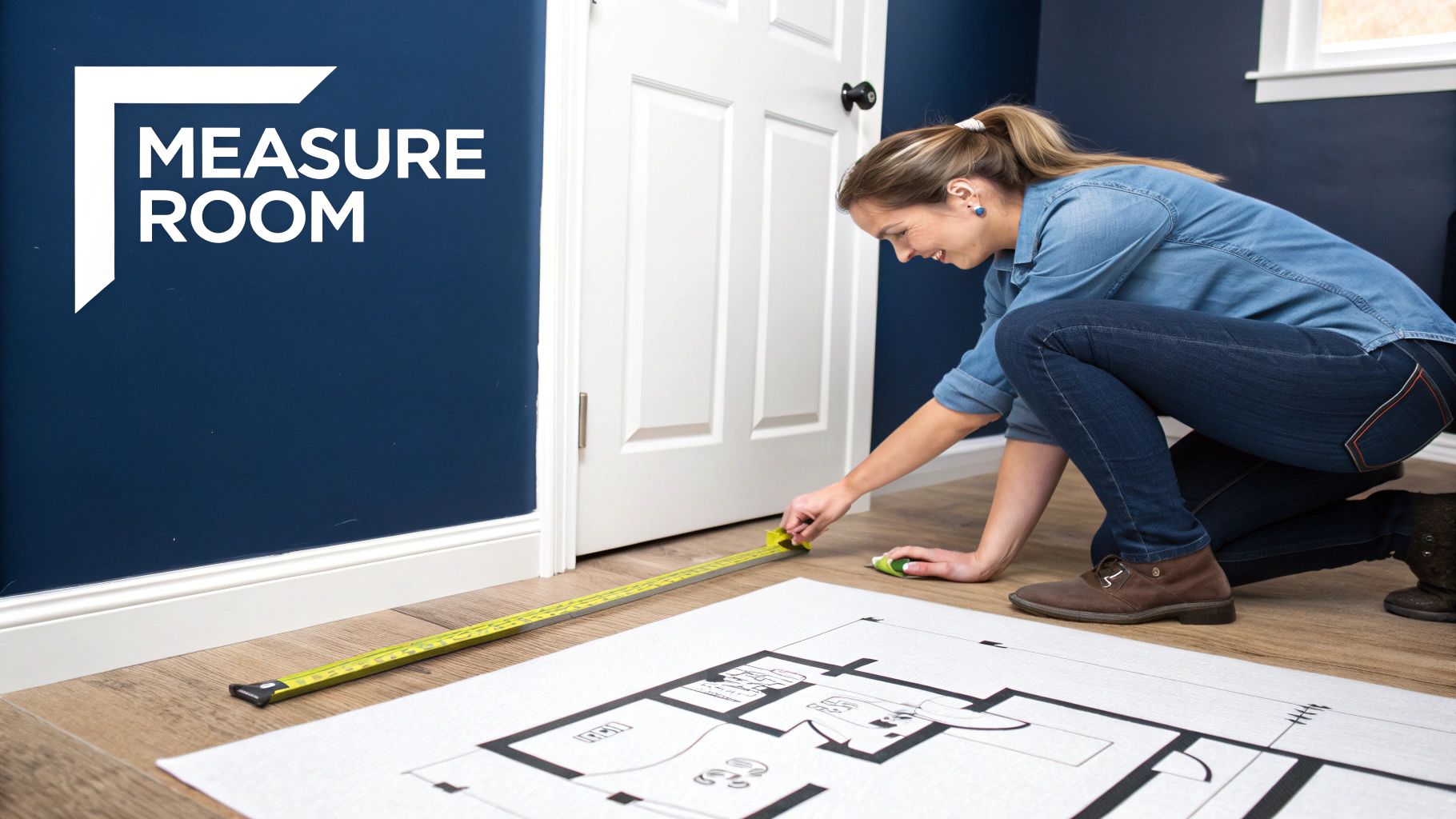 A woman crouches on a wooden floor, measuring a room's dimensions with a yellow tape measure beside a floor plan.