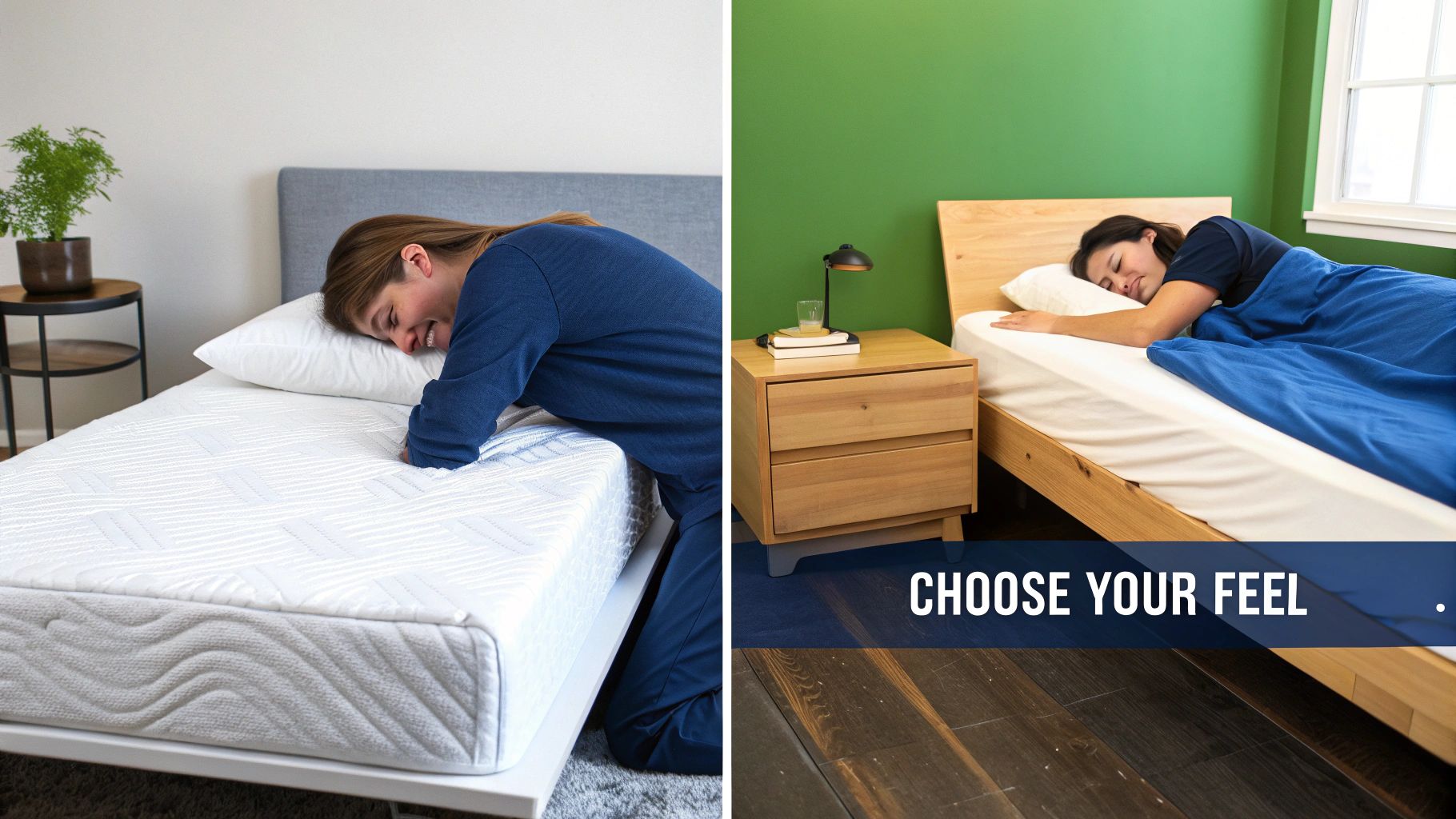 Split image showing a woman testing a soft white mattress and another sleeping soundly on a bed.