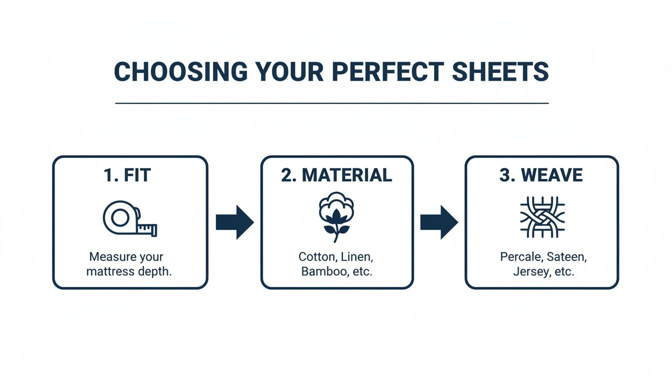 Infographic showing three steps to choosing perfect bed sheets: fit, material, and weave.
